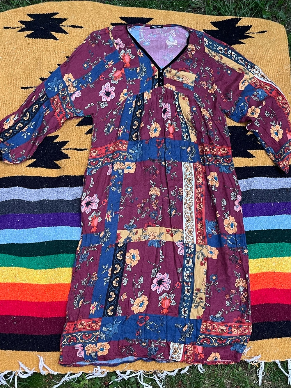 Nasty Gal Floral Patchwork Boho Dress in Burgundy & Blue